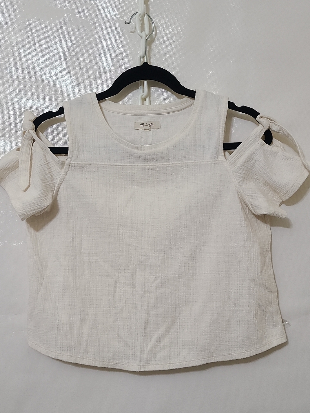Madewell Women’s Cream Cold-Shoulder Tie-Sleeve Cotton Top — Size Small